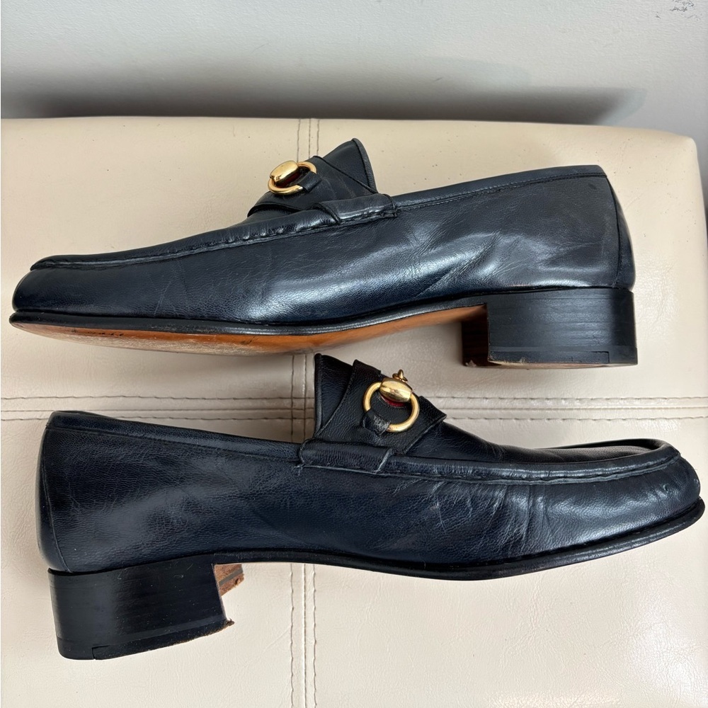 Vintage Gucci Gold Horse-bit Navy Blue Leather Loafers With Red Stripes Size 42S - Picture 9 of 13